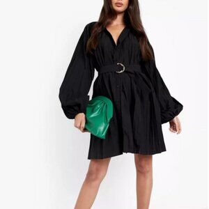 Black Goth Pleated Puff Sleeve Belted Mini Shirt Dress